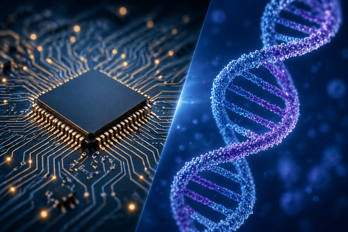 회로 기판 위 검은 반도체 칩과 파란·보라색 DNA 이중나선을 사선으로 갈라 나란히 대비시킨 합성 이미지.